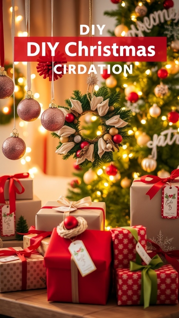 A collection of DIY Christmas decorations and gifts including ornaments, a wreath, and wrapped presents.